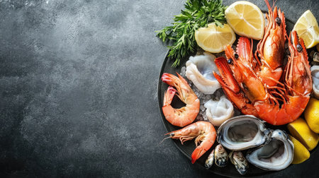 A flat lay of a fresh seafood platter with lemon wedges, space for textの素材