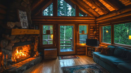A cozy log cabin with a fireplace and forest views, space for text aboveの素材