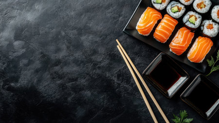A flat lay of a fresh sushi platter with chopsticks and soy sauce, with room for copyの素材