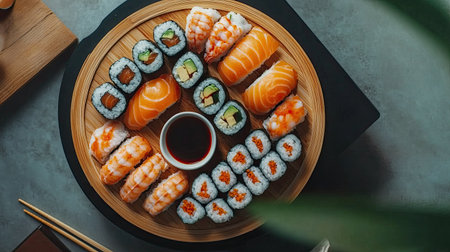 A flat lay of a sushi platter with chopsticks and soy sauce, with room for copyの素材
