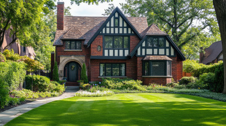 A traditional home with a brick exterior and well-kept lawn, space for copyの素材
