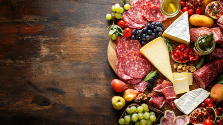 A flat lay of a cheese board with assorted meats and fruits, with room for copyの素材