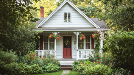 A cozy country house with a front porch and lush surroundings, space for copyの素材