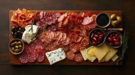 A flat lay of a charcuterie board with meats and cheeses, with room for copyの素材