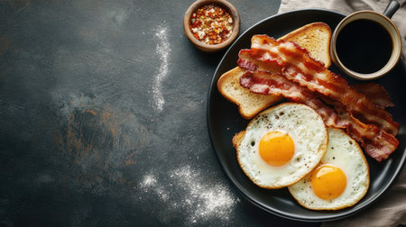 A flat lay of a classic breakfast with eggs, bacon, and toast, space for copyの素材