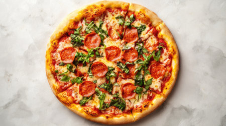 A flat lay of a gourmet pizza with a crispy crust, with room for copyの素材