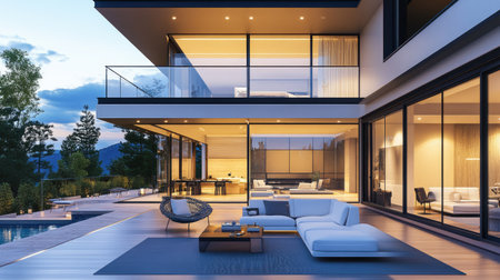 A modern house with an open floor plan and large windows, room for text aboveの素材