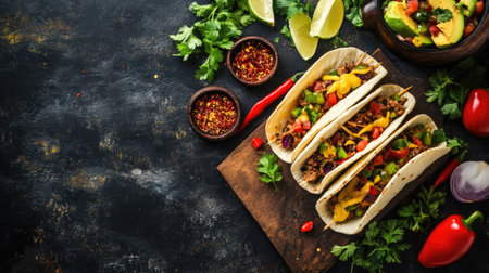 A colorful taco spread with fresh ingredients and toppings, space for branding or textの素材