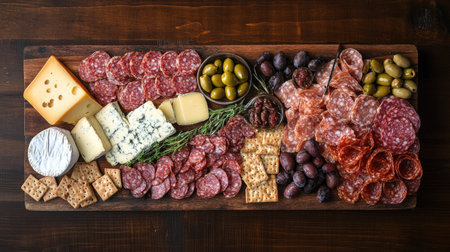A flat lay of a charcuterie board with meats and cheeses, space for brandingの素材