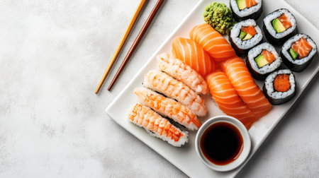 A flat lay of a fresh sushi platter with chopsticks and soy sauce, with room for copyの素材