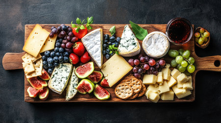 A flat lay of a cheese board with assorted cheeses and fruits, with room for copyの素材