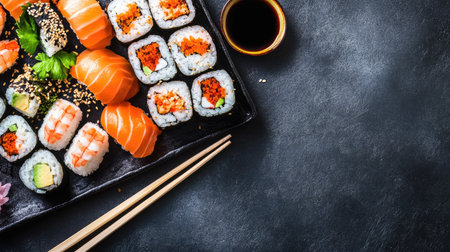 A flat lay of a sushi platter with chopsticks and soy sauce, with room for copyの素材