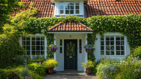 A picturesque, popular house with a welcoming entrance, surrounded by greenery and clear space for text, no people visibleの素材