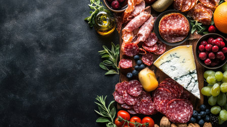 A flat lay of a cheese board with assorted meats and fruits, with room for copyの素材