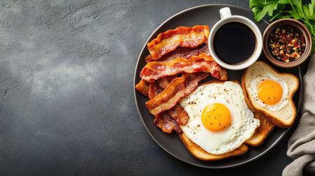 A flat lay of a hearty breakfast with eggs, bacon, and toast, with room for copyの素材