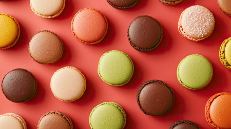 A colorful array of macarons with various flavors, space for brandingの素材
