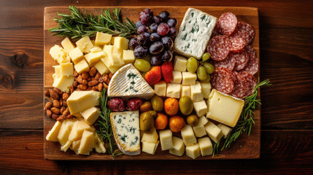 A flat lay of a cheese board with assorted cheeses and fruits, with room for copyの素材