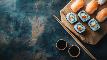 A flat lay of a sushi platter with chopsticks and soy sauce, with room for copyの素材