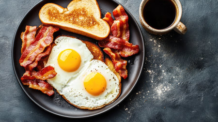 A flat lay of a classic breakfast with eggs, bacon, and toast, space for copyの素材