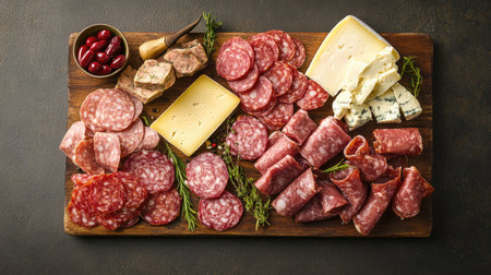 A flat lay of a charcuterie board with meats and cheeses, with room for copyの素材