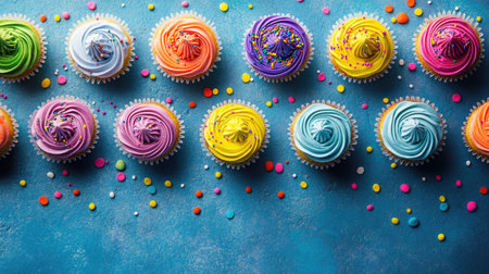 A colorful array of cupcakes with icing and sprinkles, space for textの素材