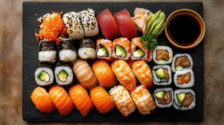 A flat lay of a fresh sushi platter with soy sauce and wasabi, ample space for textの素材