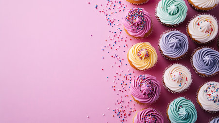 A colorful array of cupcakes with icing and sprinkles, space for branding or textの素材