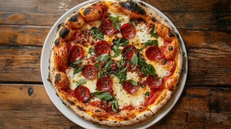 A flat lay of a gourmet pizza with a crispy crust, with room for copyの素材