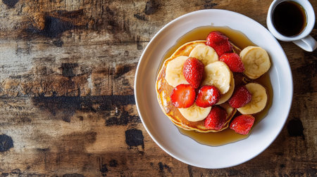 A flat lay of a hearty breakfast with pancakes and syrup, with room for copyの素材