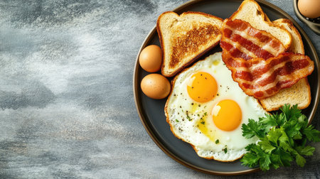 A flat lay of a classic breakfast with eggs, bacon, and toast, space for copyの素材