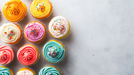 A colorful array of cupcakes with icing and sprinkles, space for branding or textの素材