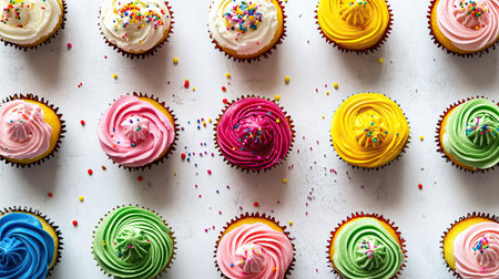 A colorful array of cupcakes with icing and sprinkles, space for copyの素材