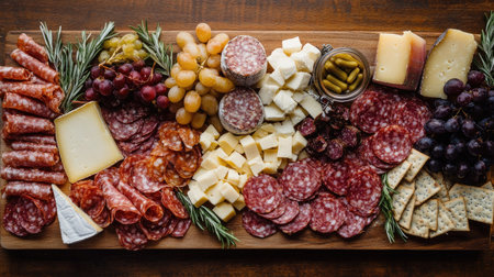 A flat lay of a charcuterie board with meats and cheeses, space for brandingの素材