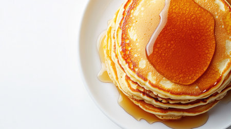 A flat lay of a hearty breakfast with pancakes and syrup, with room for copyの素材