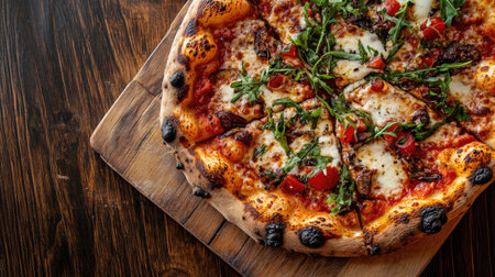 A flat lay of a gourmet pizza with a crispy crust, with room for copyの素材