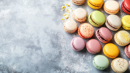A colorful array of macarons with various flavors, space for branding or textの素材