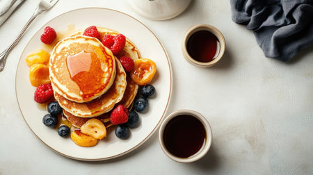A flat lay of a hearty breakfast with pancakes and syrup, with room for copyの素材