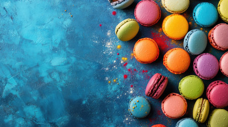 A colorful array of macarons with space for branding or textの素材