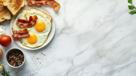 A flat lay of a classic breakfast with eggs, bacon, and toast, space for copyの素材
