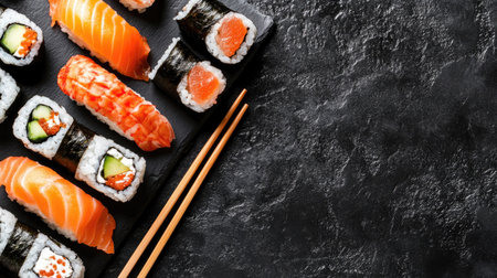 A flat lay of assorted sushi with chopsticks, with room for text or brandingの素材