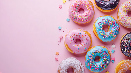 A flat lay of assorted donuts with colorful icing and sprinkles, with room for copyの素材