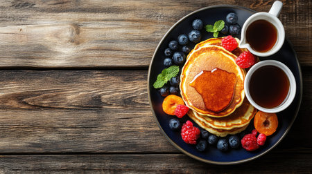 A flat lay of a hearty breakfast with pancakes and syrup, with room for copyの素材