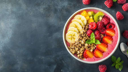 A vibrant smoothie bowl with fresh fruits and granola, space for branding or textの素材