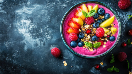 A vibrant smoothie bowl with fresh fruits and granola, space for branding or textの素材