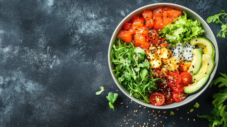 A vibrant poke bowl with fresh ingredients, with copy space on the sideの素材