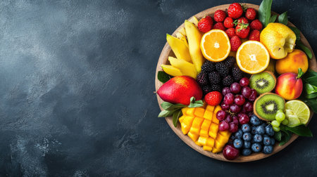 A vibrant fruit platter with a variety of fresh fruits, space for branding or textの素材
