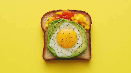 A flat lay of an avocado toast with toppings, plenty of space for copyの素材