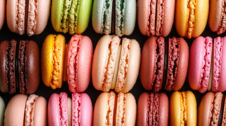 A colorful array of macarons with various flavors, space for branding or textの素材