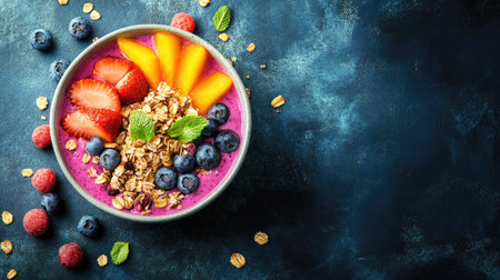 A vibrant smoothie bowl with fresh fruits and granola, space for branding or textの素材