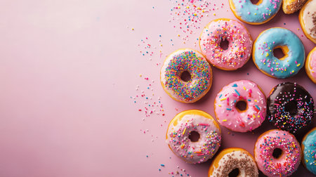 A flat lay of assorted donuts with colorful icing and sprinkles, with room for copyの素材